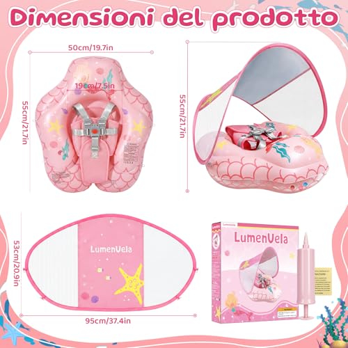 IEEILULU Salvagente Neonato, Ciambella Neonato Mare con Parasole Olare Rimovibile UPF50+, Salvagente Bambino con Adesivo di Riparazione per Piscina, Spiaggia, Vacanze da 6 a 36 Mesi