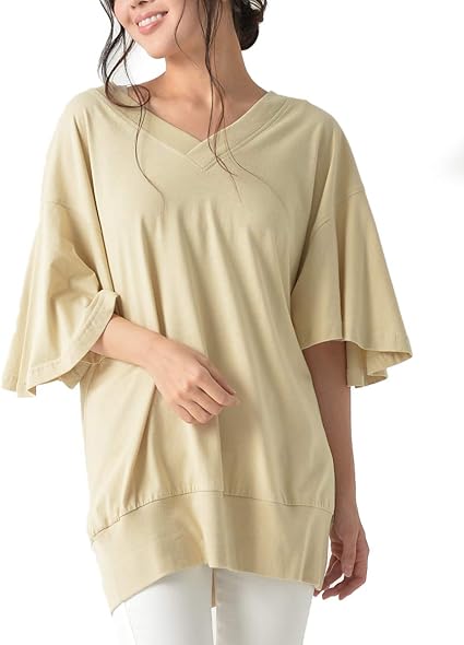 Amazon ラルー 大きいサイズ レディース トップス カットソー 5分袖 袖コンシャス フレアスリーブ Vネック Tシャツ カットソー 通販