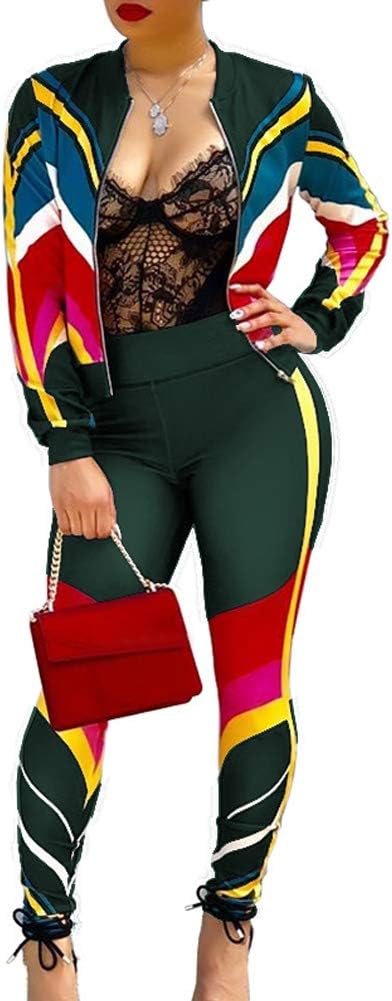 NVXIYYA Women Color Block Two Piece Outfit Long Sleeve Striped Jacket Pants Set Tracksuit