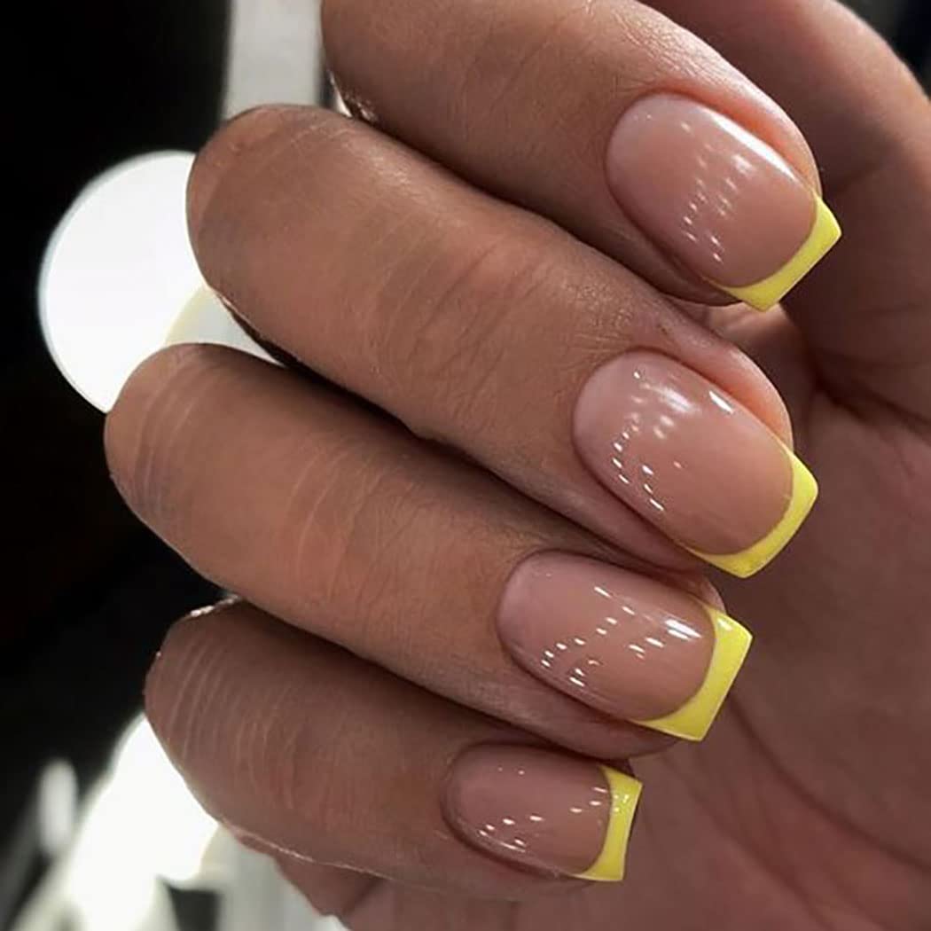 Vatocu Square False Nails Short Pink Yellow Press on Nails French Nude Fake Nails Glossy Acrylic Stick on Nails for Women and Girls (24pcs）
