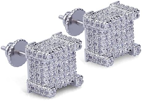 LILIMO Fashion Men's 3D Square Stud Earrings 18K Gold Plated Micro Inlays Cubic Zirconia Round Hip Hop Cool Ear Perforation