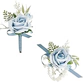 Floinla Light Blue Corsage and Boutonniere Set for Wedding Prom, Artificial Rose Babysbreath Flower Wrist Corsage Bracelets, Homecoming Corsage Wristlet, Boutonniere for Men Wedding Suit Decorations