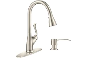 APPASO Patented Kitchen Faucet with Pull Down Sprayer and Soap Dispenser - Single Handle Stainless Steel Brushed Nickel High Arc Pull Out Kitchen Sink Faucets with Deck Plate