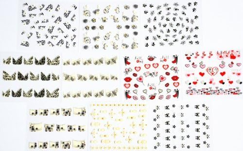 10pcs/package nail stickers decals multi mix designs including French semi-paste nail stickers decals/black flowers/white flowers with gold/black butterflies/valentine designs with red and pink heart/red lips/pink lips/dancing lovers/etc.
