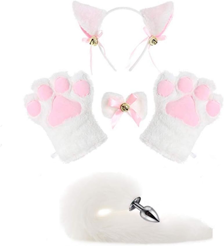 Cat Paw Plush Costume Kitten Soft Tail Ears Collar Set (white)