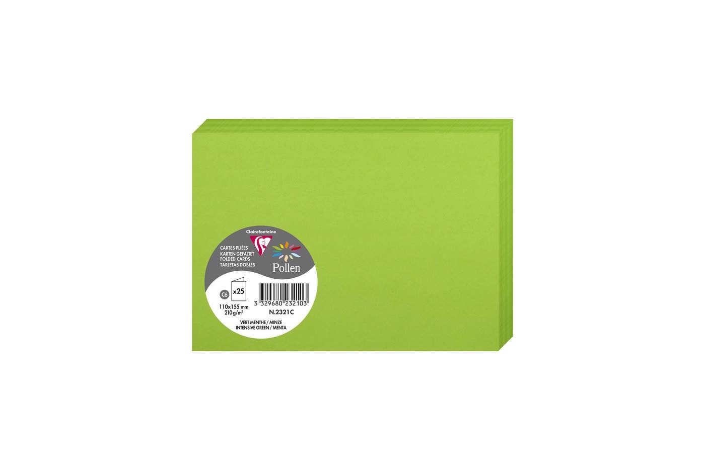 Clairefontaine 2321C Pack of 25 Double Cards Format C6 11x15,5cm 210gsm Colour Intensive Green Invitation Card Event Correspondence Pollen Range Premium Paper