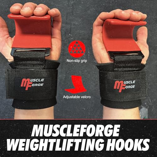 MuscleForge Weight Lifting Hooks for Men & Women, Heavy Duty Steel Grip Hooks with Neoprene Wrist Support, Up to 250kg, for Deadlifts, Pull Ups, Rows & Shrugs, Adjustable Universal Fit