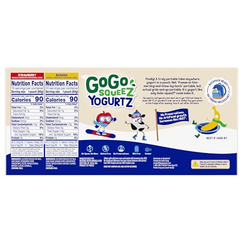 GOGO SQUEEZ YOGURTZ VARIETY PACK, STRAWBERRY & BANANA, 3 OZ (PACK OF 20), KIDS SNACKS MADE FROM REAL YOGURT AND FRUIT, NO FRIDGE NEEDED, GLUTEN FREE, NUT FREE, RECLOSEABLE CAP, BPA FREE POUCHES