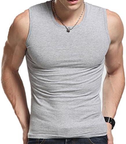 Yougao Men's 2-Pack Classic Wide Shoulder Straps Cotton Sports Tank Top L Grey(Round Neck)