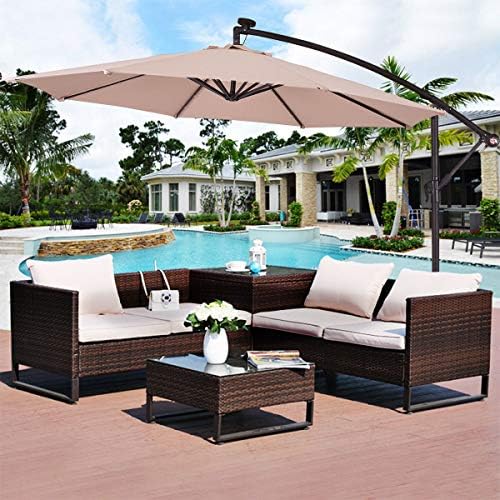 10' Hanging Solar LED Umbrella Patio Sun Shade Offset Market W/Base Beige
