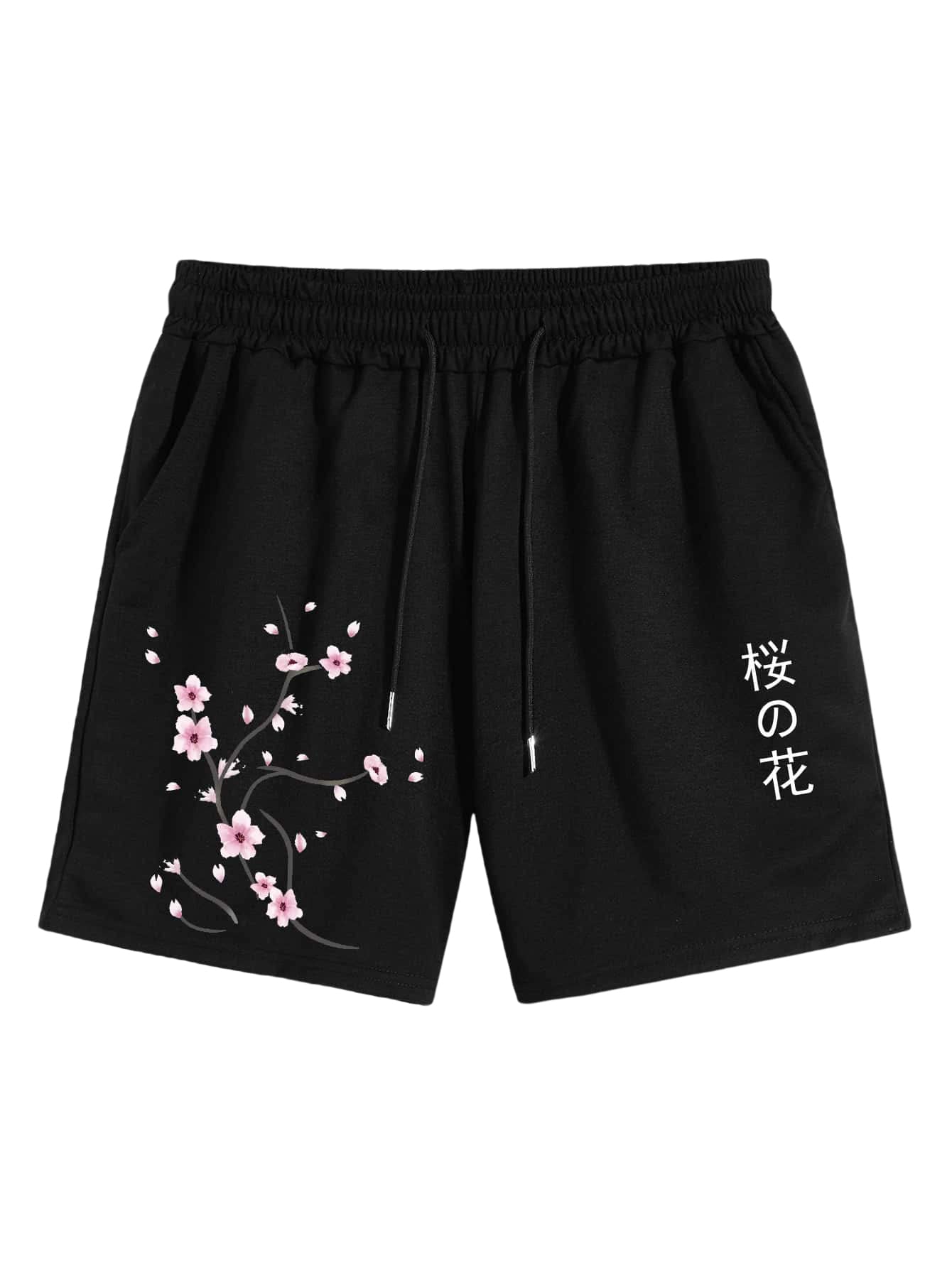 Photo 1 of WDIRARA Men's Rose Letter Graphic Print Drawstring Waist Active Pocket Shorts Black Sakura L