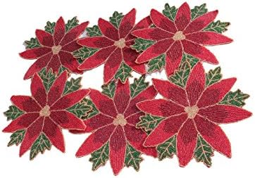 Red Green and Gold Glass Beaded Tabletop Decor Leaf Design Placemats Set of 6