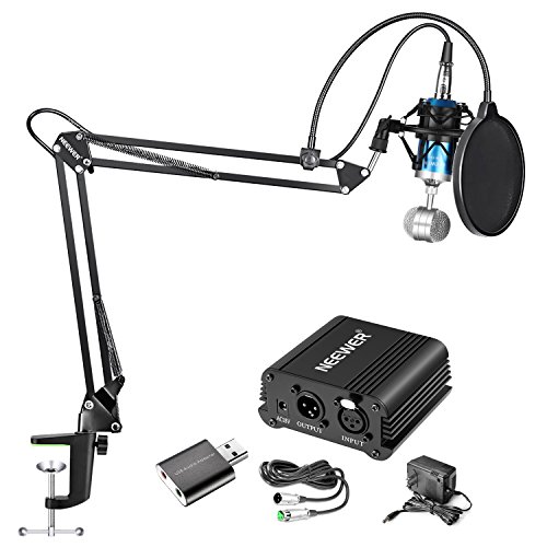 Neewer Condenser Microphone and Accessory Kit: NW-1500 Condenser Microphone (Blue), NW-35 Suspension Boom Scissor Arm Stand,48V Phantom Power Supply, NW(B-3) Pop Filter and USB 2.0 Sound Adapter