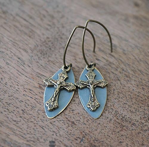 Religious earrings. Brass crucifix dangles with grey patina
