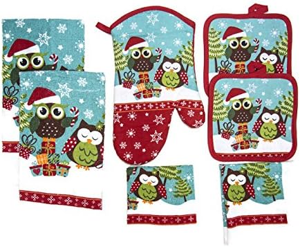 Christmas Holiday Kitchen Linen 7 Piece Towels Pot Holders Dishcloths Oven Mitt Set (Owls)