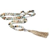 BALIBALI 108 Mala Beads Necklace Semi-Precious Gem Stones Meditation Necklace 108 Hand Knotted Japa Mala Beaded Tassel Necklace with Tree of Life Pendant