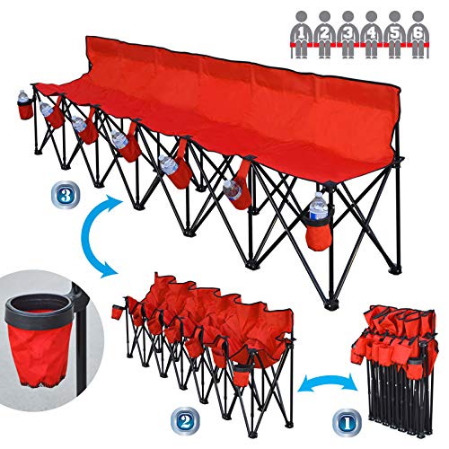 BenefitUSA Folding Sports 6 Seater Sideline Portable Bench with Storage Bag and Carry Bag (Red)