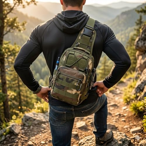 Bolsa Tática Militar Pochete Transversal Oxford Reforçada Unissex Multiuso Camuflada Shoulder Bag de Peito Moto Trilha Camping Motoboy 27,5x21x9 cm (Preto)