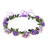 Love Sweety Girls Boho Rose Floral Crown Wreath Wedding Flower Headband Headpiece (Purple)