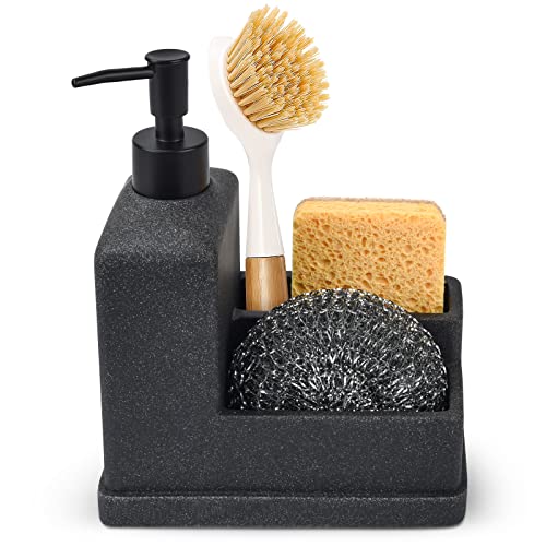 Soap Dispenser with Sponge Holder, Liquid Soap Dispenser for Hands and Dishes and Sponge Organizer with Brush Holder, 3 in 1 Countertop Organizer for Kitchen Sink
