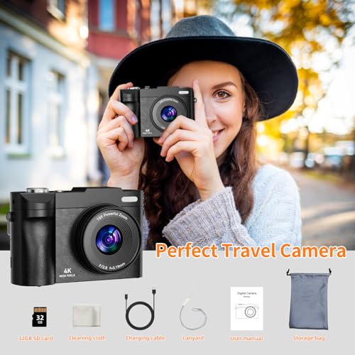 Digital Camera, 4K 50MP Photo Camera, 16X Zoom, Compact Camera with 180° Flip Screen 2.8", Autofocus Vlogging Camera with 32GB, Rechargeable Photo for Beginners, Teens