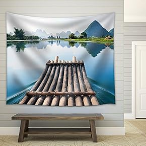 Bamboo Rafting in Li River, Guilin - Yangshou China - Fabric Wall Tapestry Home Decor - 51x60 inches