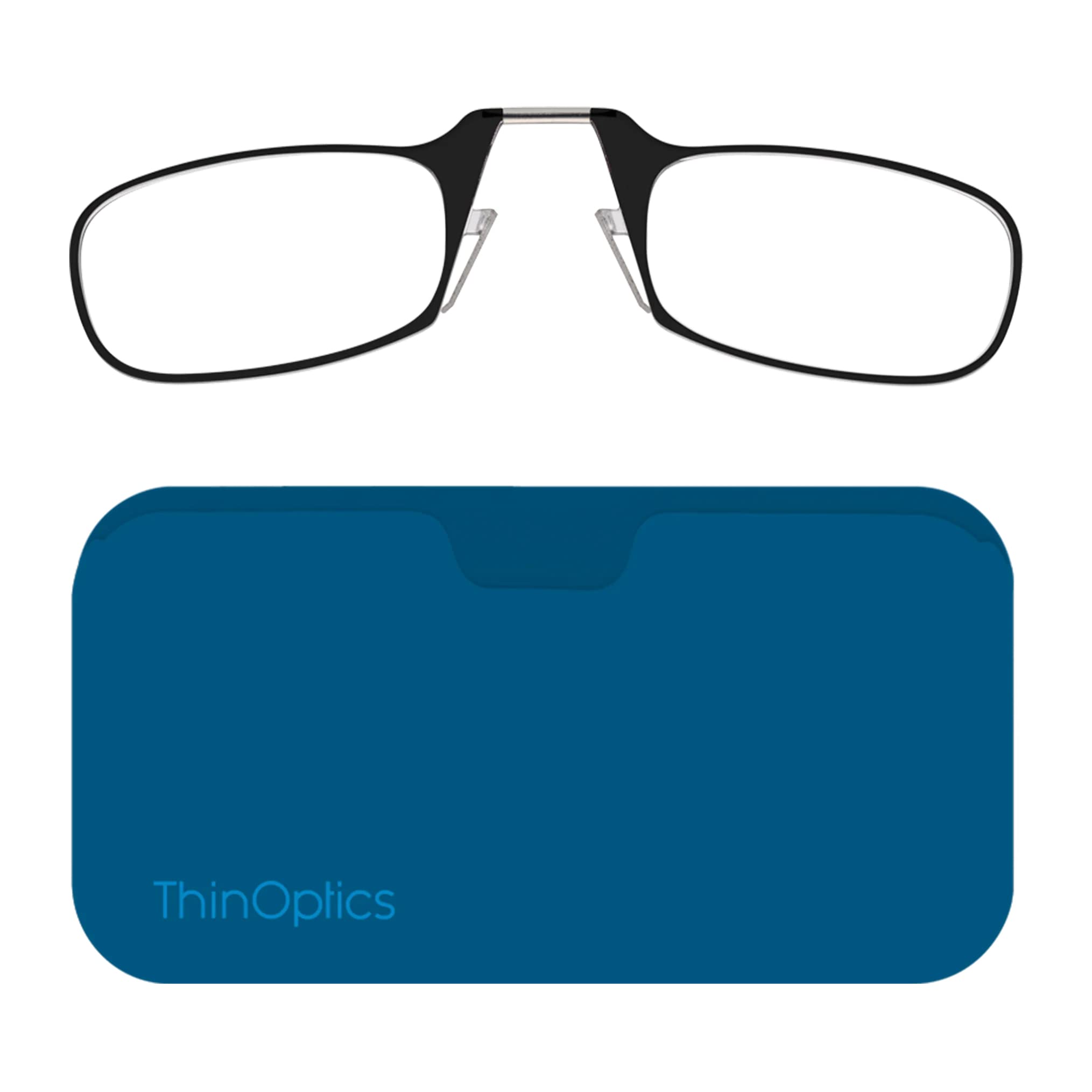 ThinOptics Reading Glasses 2.50 Black Frames with Blue Universal Pod Compact Case - Ultra-light Foldable Rectangular Glasses - Clip-on Nose - 2.50 Strength with Flex-Fit Technology