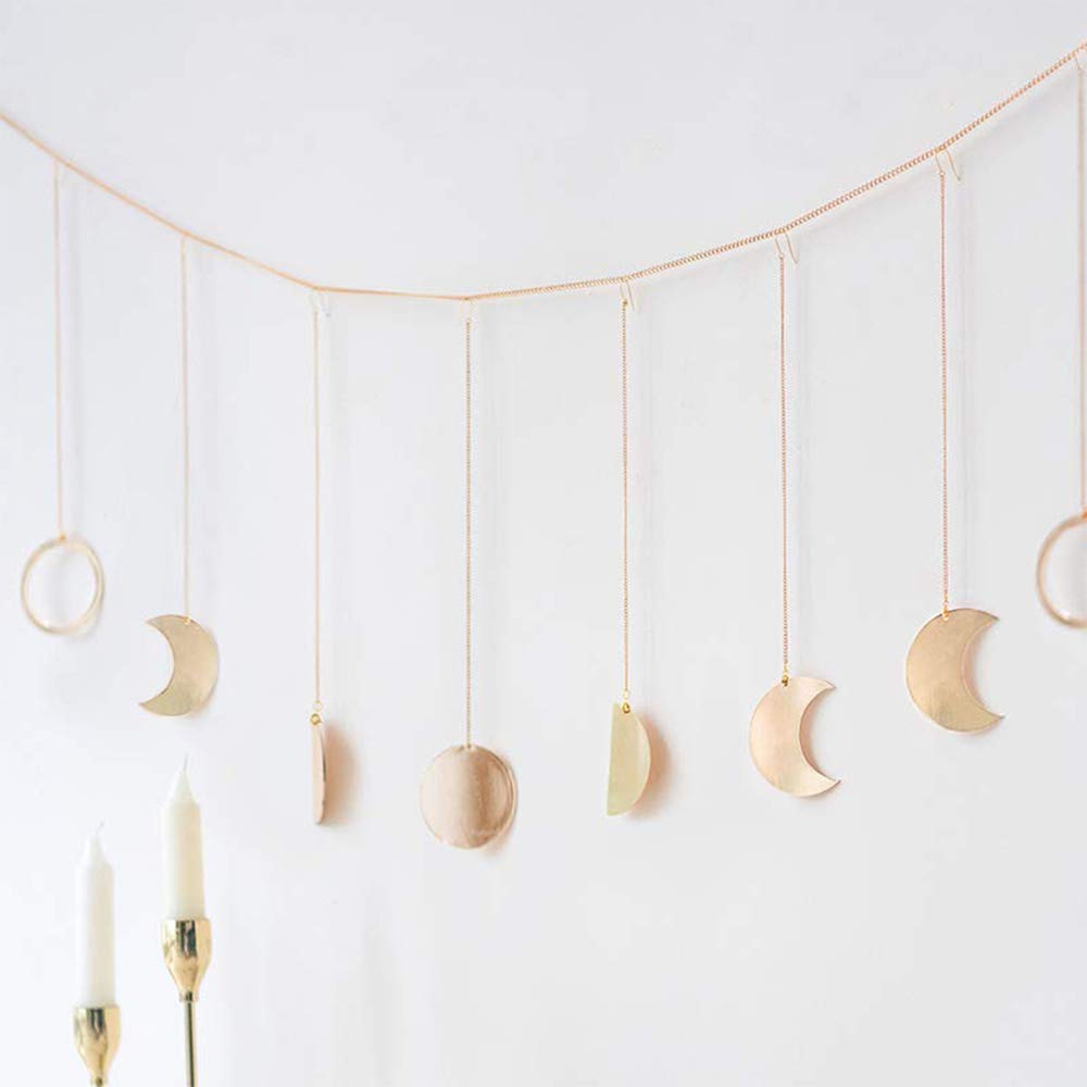 DÉCOCO Moon Phase Garland with Chains Boho Gold Shining Phase Wall Hanging Christmas Ornaments Moon Hang Art Room Headboard Decor for Bedroom Living Room Apartment Dorm Nursery Room Home Office, Gold