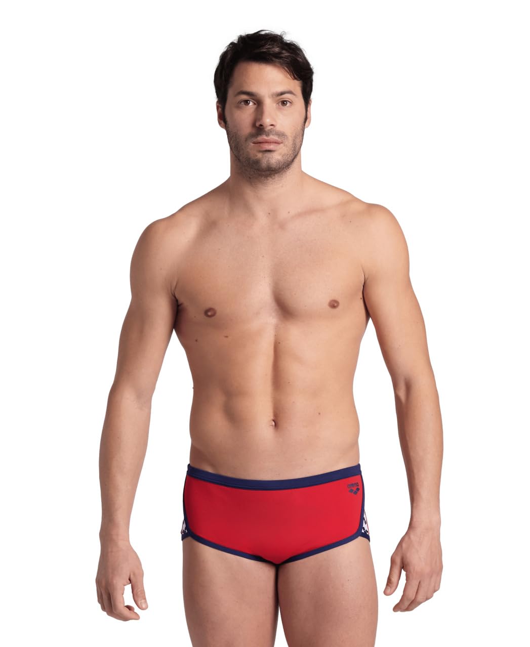 Arena Performance Icons Solid Men’s Low-Waist Swim Brief Short MaxLife Athletic Practice Swimsuit Competition Training Active Bathing Suit, Red/Navy, US Size 36