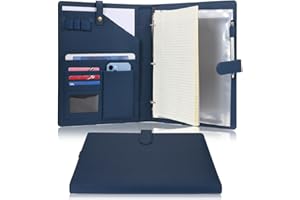 Wonderpool A4 PU Leather Portfolio Holder Ring File Document Case with Removable Binder Clipboard, Multi Pocket and Legal Pad for Business Organizer Interview and Meeting (Dark Blue)