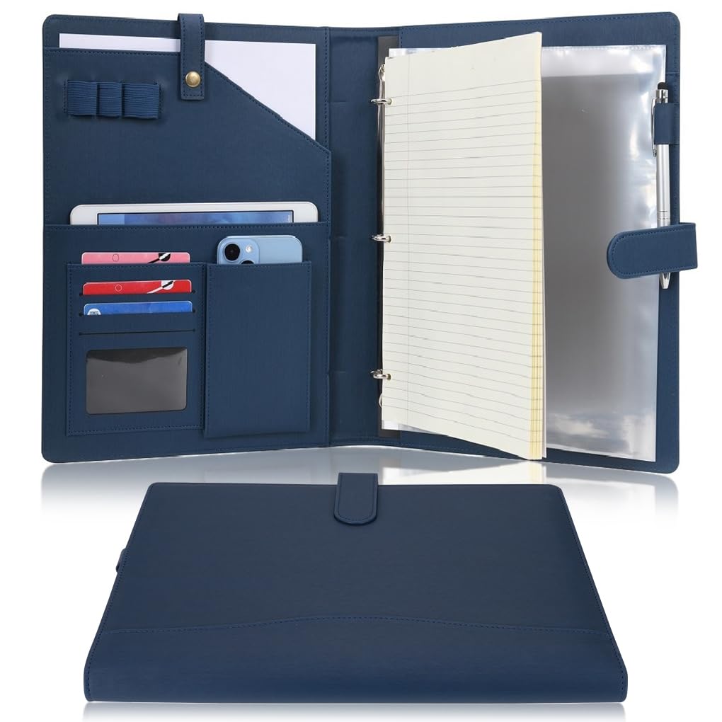 Wonderpool A4 PU Leather Portfolio Holder Ring File Document Case with Removable Binder Clipboard, Multi Pocket and Legal Pad for Business Organizer Interview and Meeting (Dark Blue)