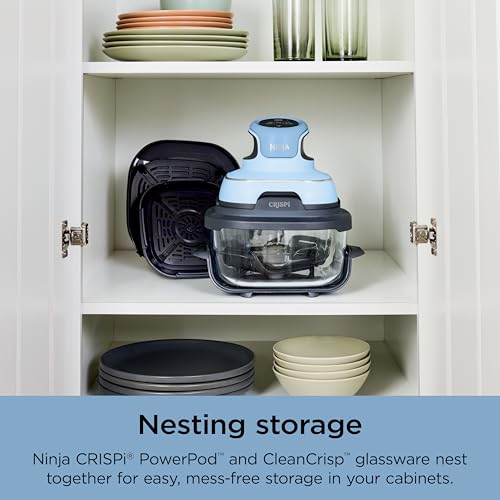 Ninja Crispi Sistema de cocción de freidora de aire de vidrio portátil 4 en 1, recipientes de vidrio de 4 cuartos y 6 tazas con tapas de almacenamiento, comidas fáciles, apto para microondas, congelador y lavavajillas, freír al aire, hornear y más, bígaro, FN101PL