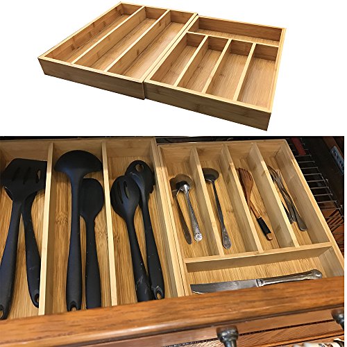 Bamboo Silverware Organizer, Kitchen Cutlery/Utensil/Flatware Drawer Organizer and Storage,Large Wide Organization and Tray Holder Set of 2