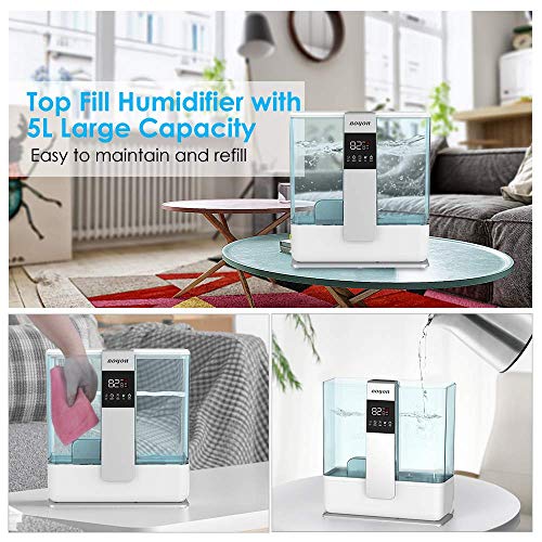BOYON Cool Mist Humidifier 5L, Top Fill Humidifier with Humidistat, Remote Control, 3 Mist Settings and Auto Shut-Off, Humidifier for Large Room, Quiet Operation, Easy to Clean