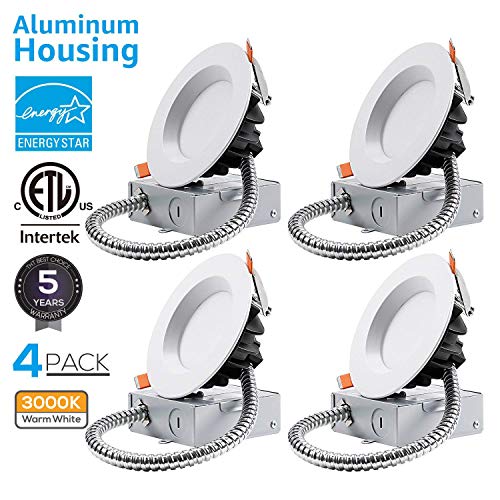 TORCHSTAR 4-inch Commercial LED Recessed Ceiling Light with Junction Box, IC Rated Can Killer, Dimmable Airtight Downlight, 12W (90W Equiv.), ETL & Energy Star Certified, 3000K Warm White, Pack of 4