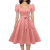 OBBUE Women's Square Neck Dress Vintage 1950s Cocktail Party Dress with Puff Sleeves