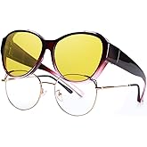 VUEECLAT Stylish Cat Eye Fit Over Glasses for Night Driving - Polarized Anti Glare Yellow Lens Night Vision Glasses, Wrap Around Sunglasses for Women & Men