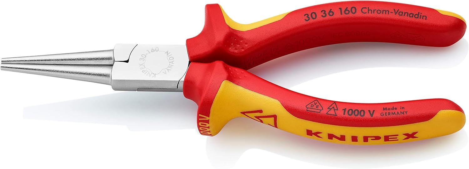 KNIPEX Long Nose Pliers Chrome-Plated Insulated with Multi-Component Grips, VDE-Tested 160 mm, 30 36 160