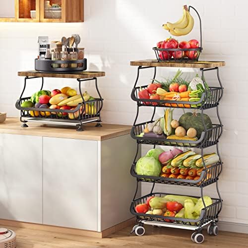 سعر Fruit Basket for Kitchen Wood Top, 5 Tier Stackable Wire Basket