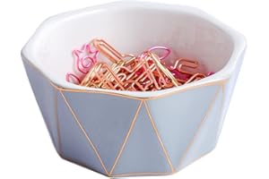 YOSCO Paper Clip Holder With Gold Line Geometric Ceramic Paper Clip Dispenser for Desk Cute Paper Clip Organizer Office Binder Clip Holder (Gray)