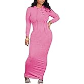 Dezraia Long Sleeve Bodycon Maxi Dress for Women One Piece Hoodie Sweatshirt Dresses
