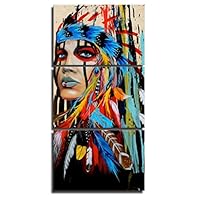 Native American Indian Canvas Wall Art Paintings Woman Girl Colorful Feathered Prints in 3 Panles Verical Paintings for Home Walls Decoration,Framed