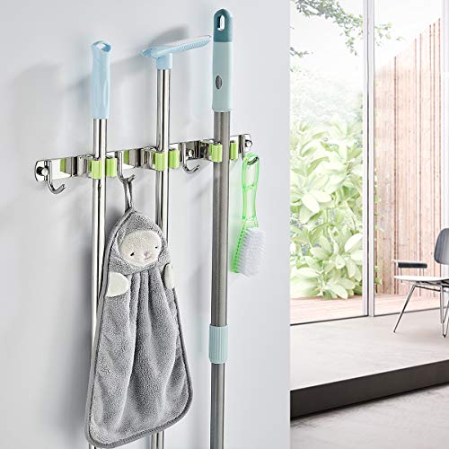 Broom Mop Holder Wall Mount Stainless Steel Wall Mounted Storage Organizer Heavy Duty Tools Hanger with 3 Racks 4 Hooks for Kitchen Bathroom Home Kitchen Garage Garden