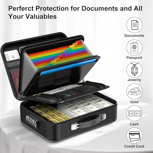 Fireproof Document Box, Waterproof Safe Hard-Shell File Folder Box with Lock, Black 37 * 27 * 12Cm