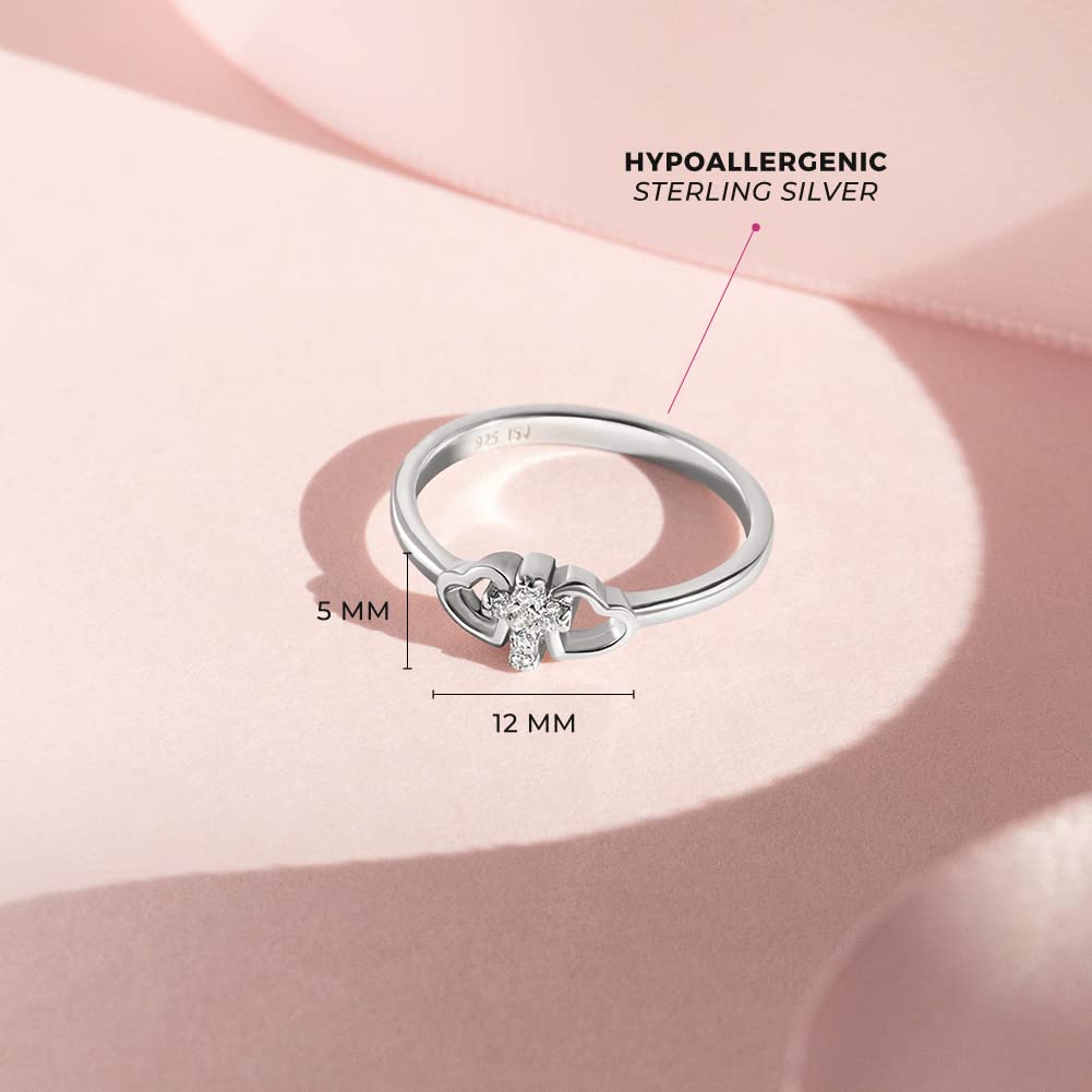 925 Sterling Silver Size 2-5 Religious Tiny Cross Cubic Zirconia Heart Rings for Girls - Beautiful Cross & Hearts Ring Bands for Young Girls - Faith CZ Cross Jewelry for Children & Preteens