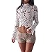 Remelon Womens Ruffle Long Sleeve See Through Mesh Lace Crochet Crop Top Zipper Blouse