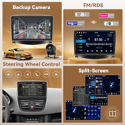 Hikity Android 15 4+128GB Car Radio Carplay for Peugeot 207 2006-2010 Aves 9" Touch Screen Incell, Auto Radio Aves Wireless Carplay Android Auto, BT/WiFi/FM/RDS+Backup Camera+MIC