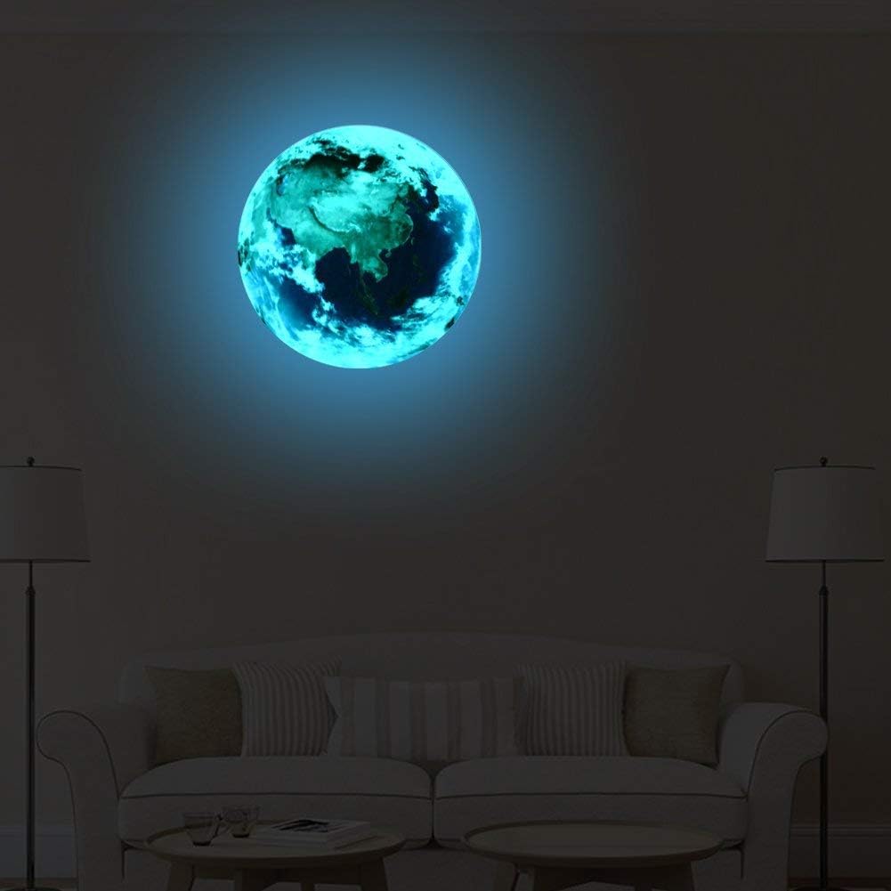 VancyTop 3D Luminous Earth Pattern Self-Adhesive DIY Removable Wall Sticker for Kids' Room Nursery Living Room Home Decoraions,Blue Light Color