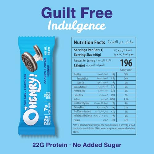 O Henry Collagen + Protein Bar - Cookies & Cream Crunch, No Added Sugar, 22g Protein, Pack of 12 (60g Each)