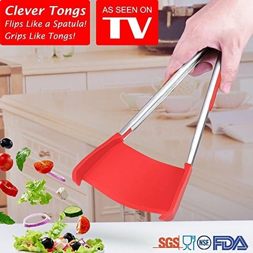 'Clever Clamps 2 in 1 Silicone Spatula and Tongs Kitchen Equipment As Seen On TV 12 Food Spatula and Tongs with Locking Clip, Stainless Steel Frame, Cooking Tongs Non-Stick, Heat Resistant & Dishwasher Safe by Char Llean